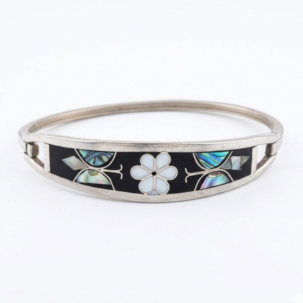 Vintage Taxco Mexico Sterling Silver Inlay Bangle Bracelet Mother of Pearl Abalo - Picture 6 of 6